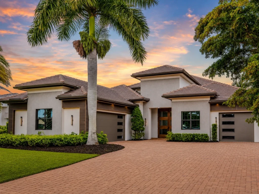 November Construction home exterior with palms, a paver driveway and sunset sky
